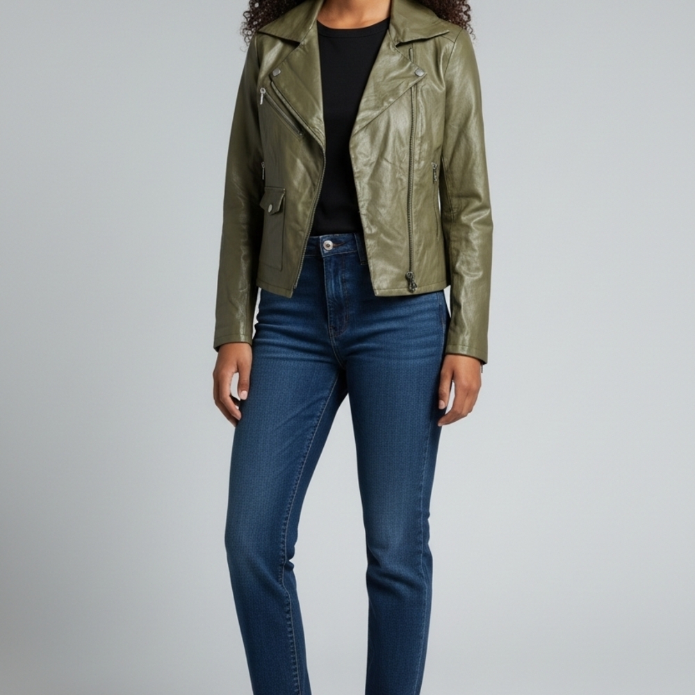 Olive Faux Leather Jacket for Women Size S